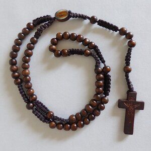 VINTAGE OUR LADY OF GUADALUPE 18” WOOD CRUCIFIX MACRAME BROWN CORD ROSARY